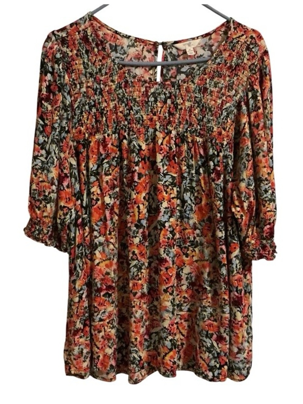 Terra & Sky 3X Floral Peasant Blouse Smocked Yoke 3/4 Sleeve Boho Rayon Plus